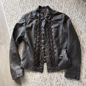 T Tahari Dark Brown Leather Jacket with Intricate Lace Design
